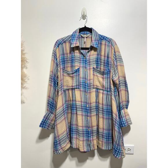 Free People The Voyage Shirtdress Gauze Plaid Blue in Sunrise Combo Size XS - Picture 7 of 14